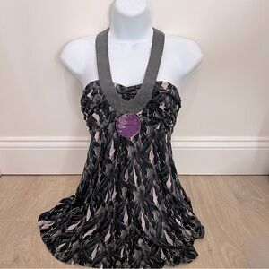 Prairie New York Sleeveless Blouse feather pattern with purple stone 100 silk